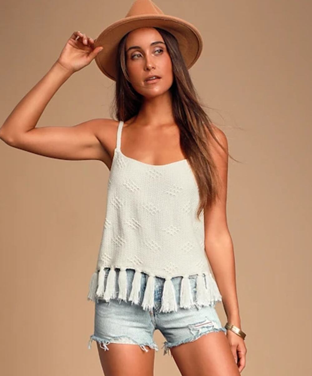Lulus Del Mar Cream Tasseled Knit Sweater Tank Top Medium Boho Coastal Fringe